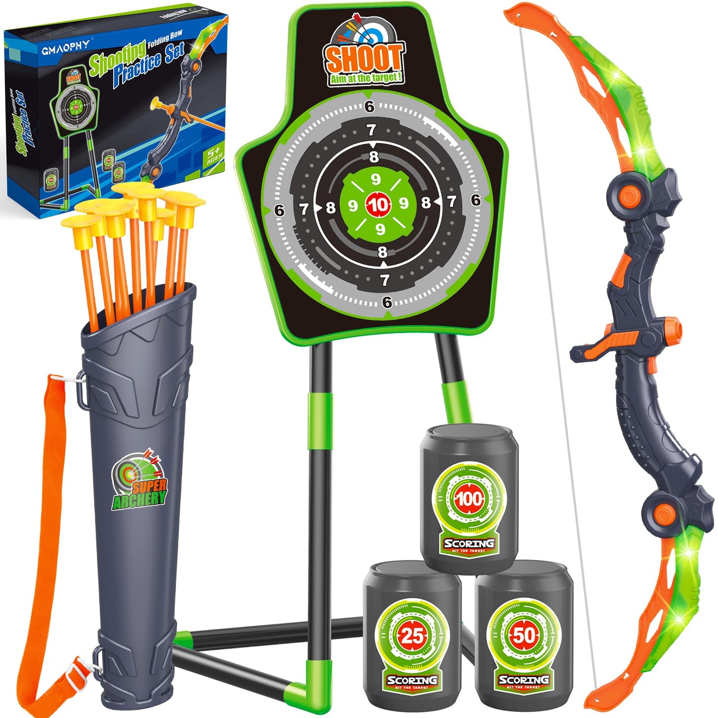 Bow and Arrow Toys for Kids, Archery Set Includes Super Bow with LED Lights, 10 Suction Cups Arrows,Archery Set with Standing Target and 3 Target Cans for Boys Girls